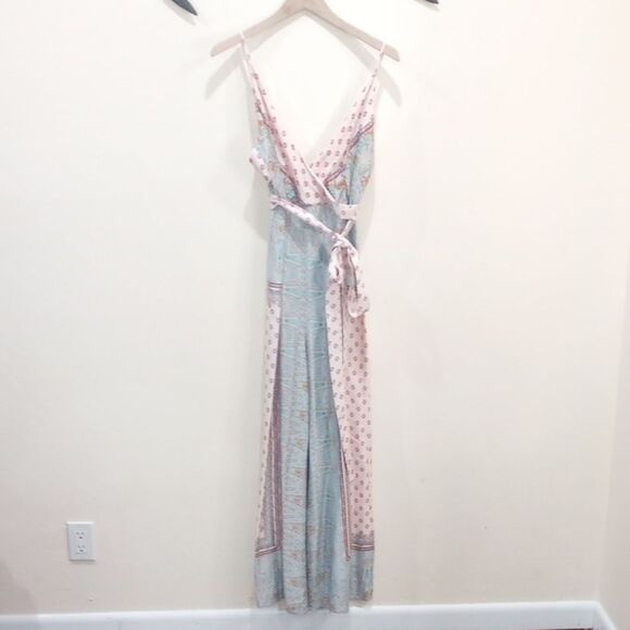 Free People Cabbage Rose Scarf Print Wide Leg Satin Jumpsuit Neutral Combo - 6 - Picture 6 of 10